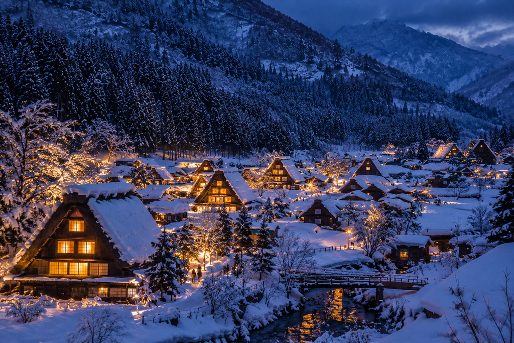 AI-generated illustration of Shirakawa-go's thatched farmhouses lit up on a snowy winter night