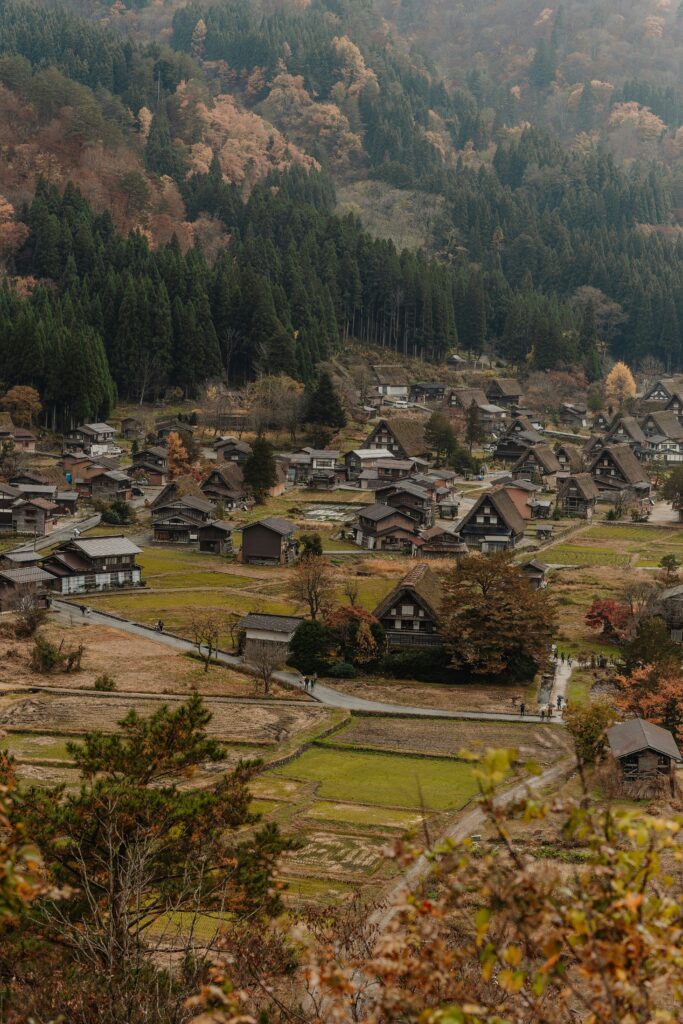 View over Shirakawa-go village and its thatched gassho-zukuri farmhouses surrounded by autumn mountains